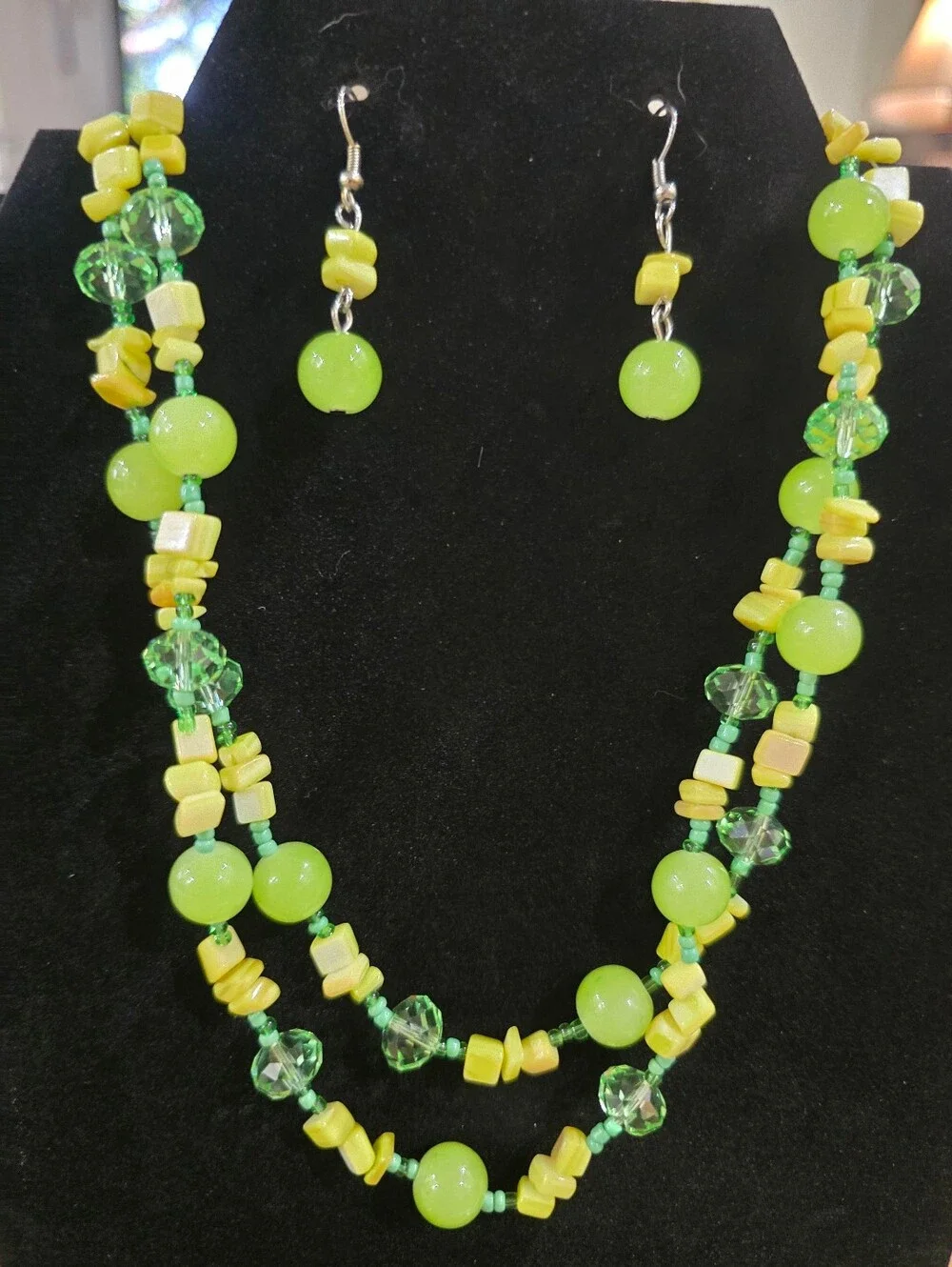 Handcrafted Lime Green Beaded Necklace & Earrings Set